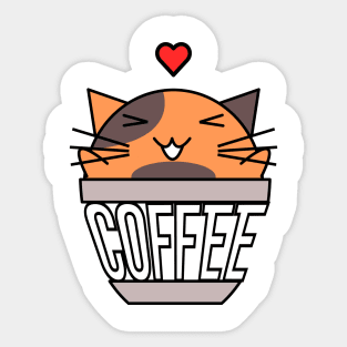 Happy cat in coffee cup with warped text heart on head orange and brown Sticker